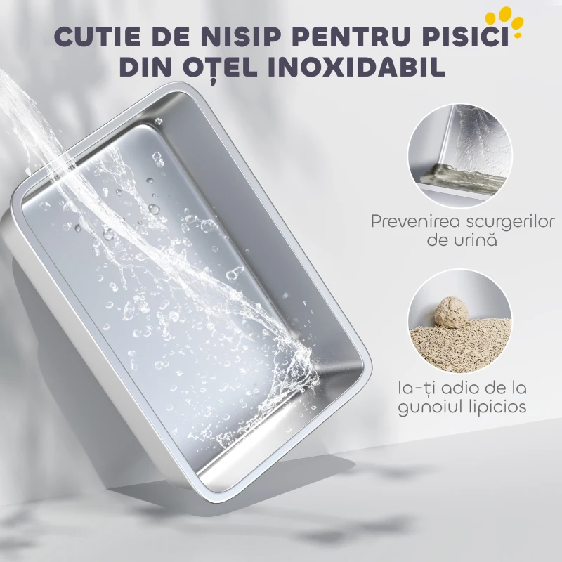 PawHut Litteră Închisă pentru Pisici cu 2 Covorașe și Mâner, Alb și Argintiu