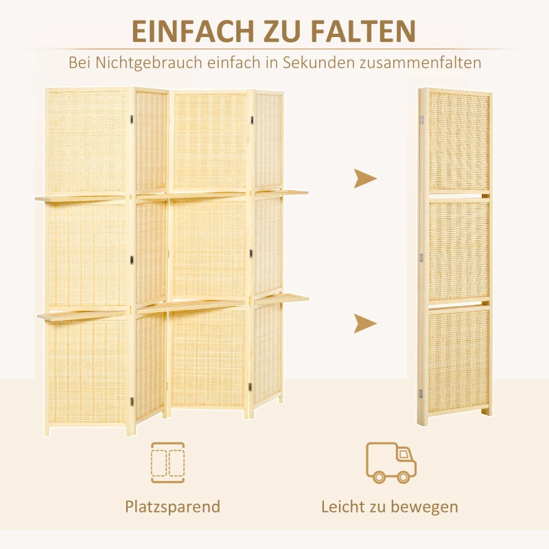 HOMCOM Raumteiler, Raumtrenner aus Bambus, 2 Regale, faltbar, Fußpads, Natur(m-5)