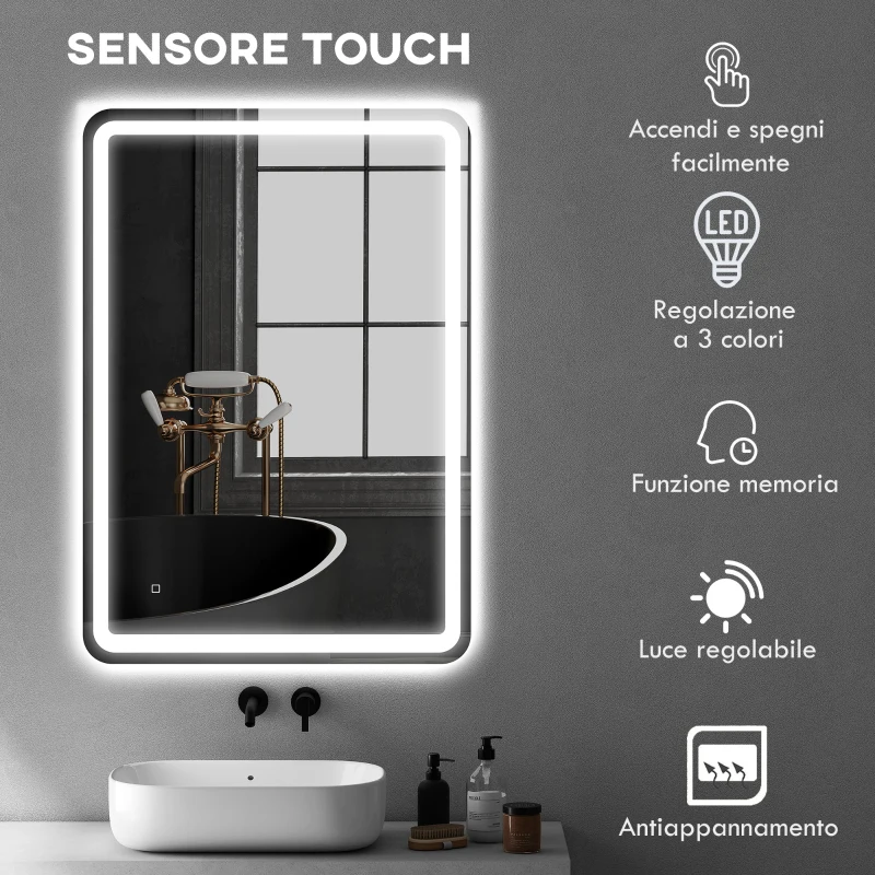 HOMCOM Specchio Bagno con Interruttore Touch, Luce LED a 3 Temperature e Antiappannamento, 70x100cm