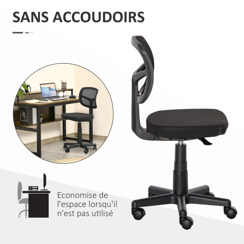 Vinsetto Chaise de bureau sans accoudoirs, fauteuil de bureau en maille, hauteur réglable, assise rembourré, pivotant 360°, noir