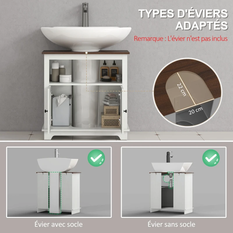 kleankin Meuble sous lavabo salle de bain meuble sous vasque - niche et placard à portes doubles, 60 x 30 x 60 cm, blanc