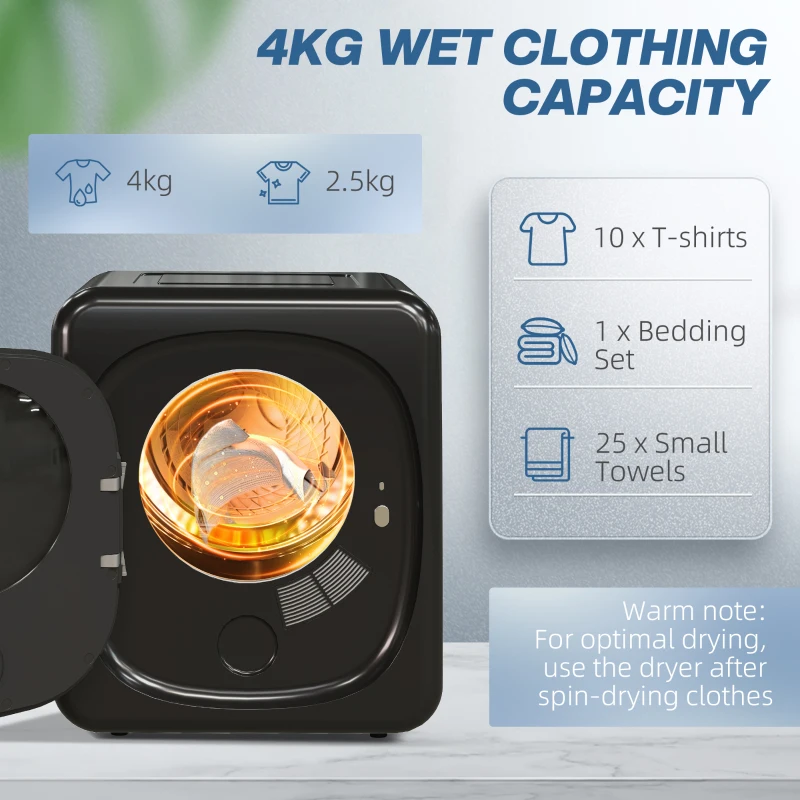 HOMCOM Small Tumble Dryer 4kg Vented Compact with Deodorize Smart Mode Front Load Stainless Steel Tub for Flat Home RVs Black