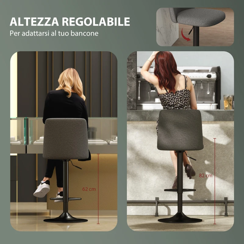 HOMCOM Set 2 Sgabelli da Bar Girevoli ad Altezza Regolabile, in Tessuto Effetto Lino, 44x53x91-111 cm, Grigio Scuro