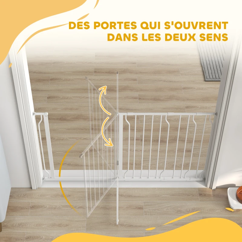 PawHut Barrière de sécurité chien barrière extensible 75-145 x 76 cm barrière escaliers couloirs portes sans perçage en acier et ABS blanc