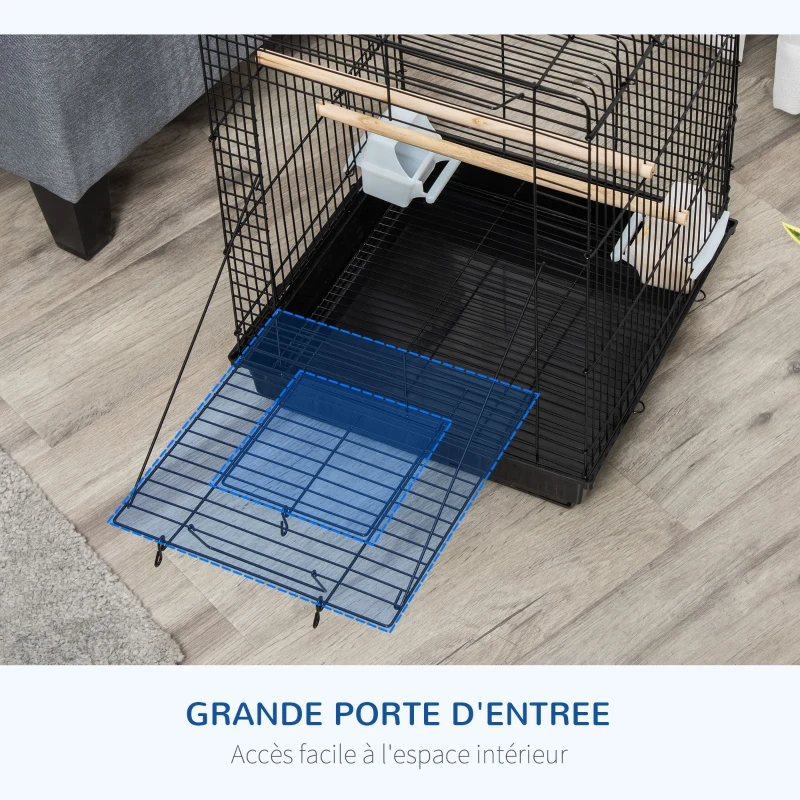 PawHut Cage à oiseaux en métal avec mangeoires perchoirs plateau amovible poignée dim. 40L x 40l x 59H cm noir