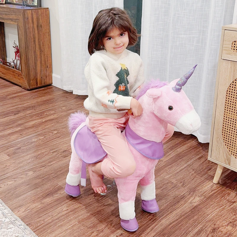 HOMCOM Cavallo a Dondolo con Ruote a Forma di Unicorno per Bambini da 3-6 Anni, 70x32x87cm, Rosa