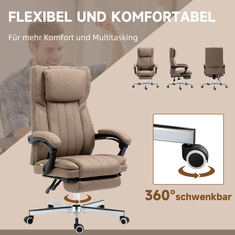 Vinsetto Bureaustoel met Massagefunctie, verstelbare rugleuning, uitschuifbare voetsteun, linnenlook, 65 x 61 x 113 cm, Bruin(m-8)