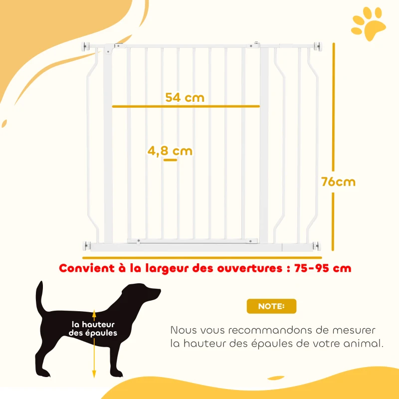 PawHut Barrière de sécurité chien barrière extensible 75-95 x 76 cm barrière escaliers couloirs portes sans perçage en acier et ABS blanc