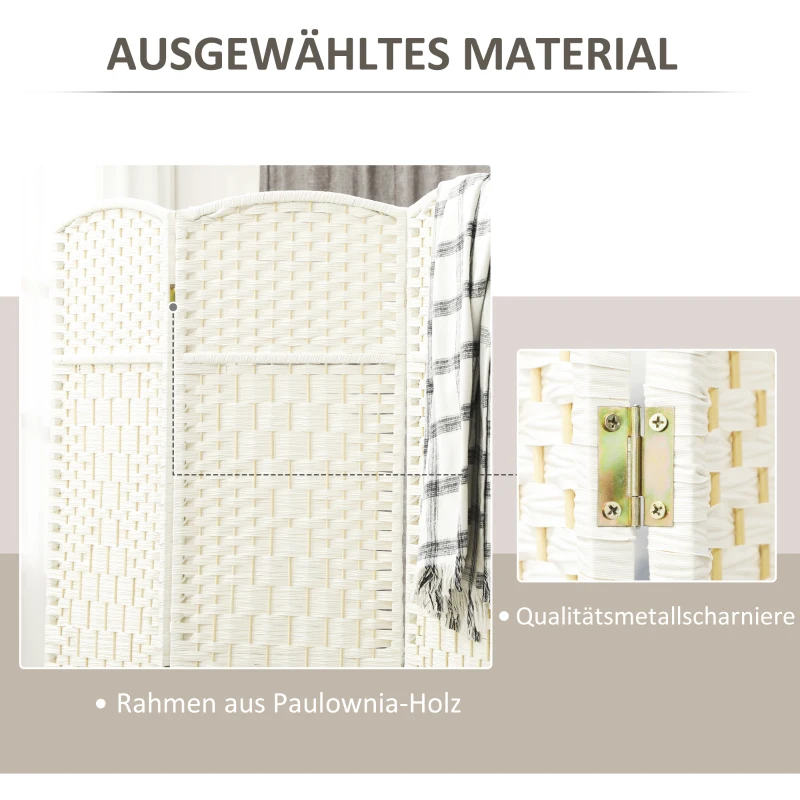 HOMCOM Kamerscherm, 4-delig vouwbaar scherm, Vlechtpatroon, Dennenhout, Wit