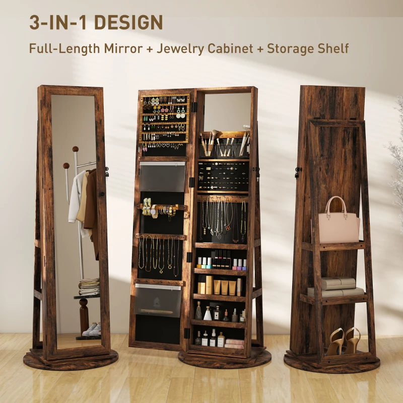 HOMCOM Oglindă cu Spațiu pentru Bijuterii Rotativă și Cu Închidere, Maro