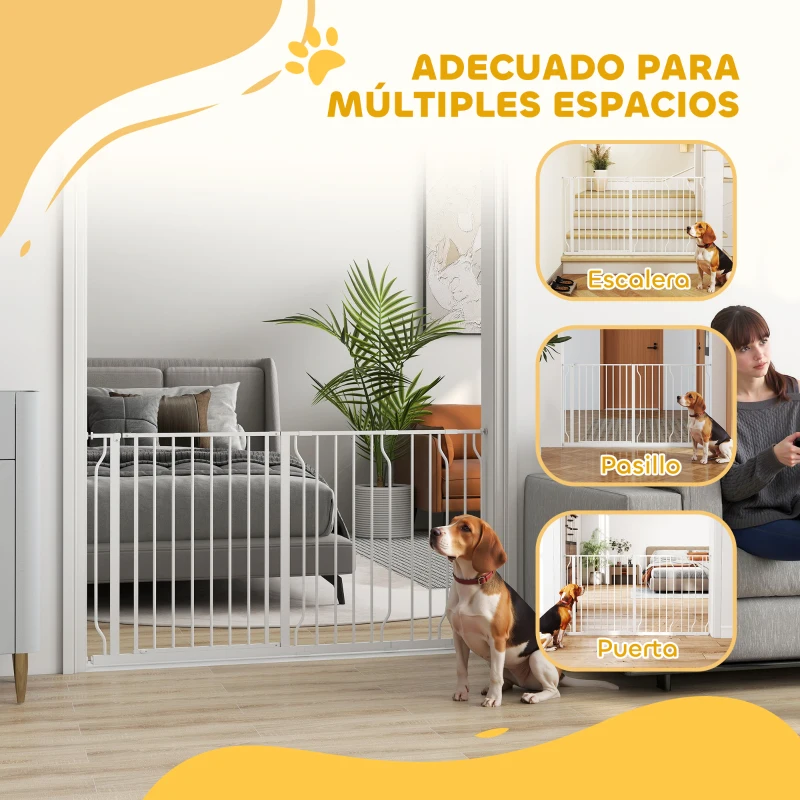 PawHut Barrera de Seguridad de Perros Extensible para Escaleras y Puertas 75-145 cm con 3 Extensiones de 10/20/30 cm Montaje a Presión Altura 76 cm Blanco