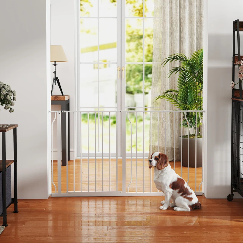 PawHut Hunde-Türabsperrung, längenverstellbar 75-145cm, Montage ohne Bohren, Stahlrahmen, Weiß(m-9)