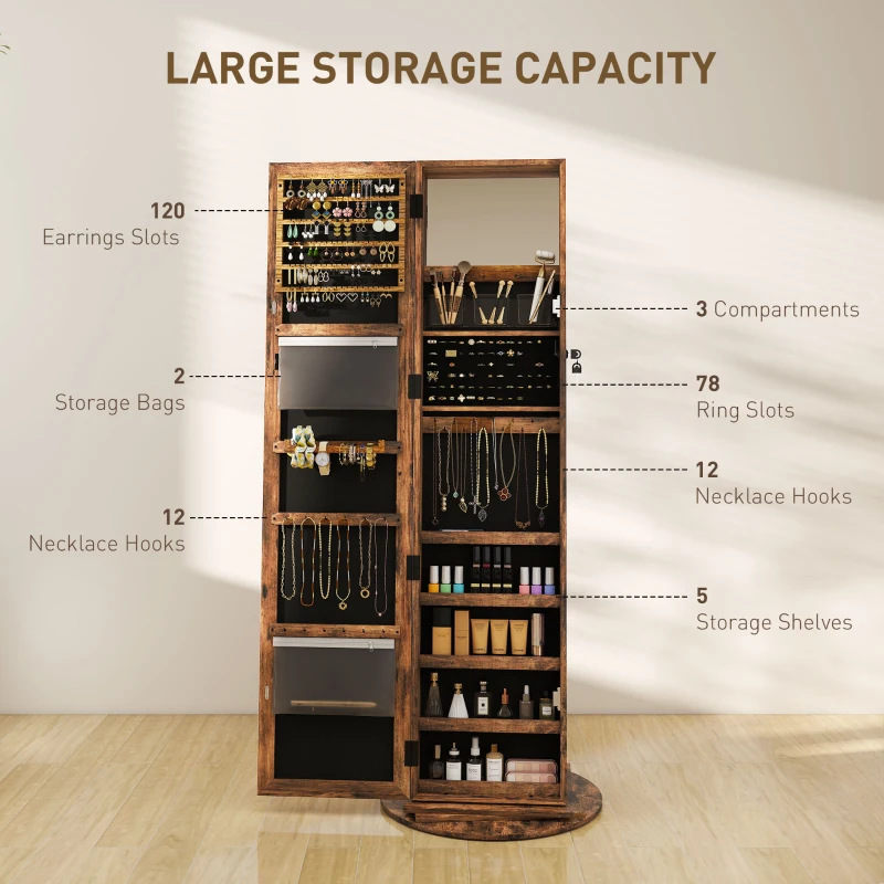 HOMCOM Oglindă cu Spațiu pentru Bijuterii Rotativă și Cu Închidere, Maro