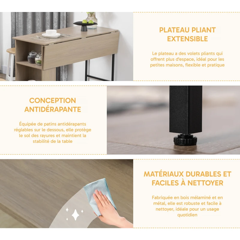 HOMCOM Ilot centra table de bar plateau latéral  rabattable et 3 étagères 120 x 76 x 91,4 cm gris clair