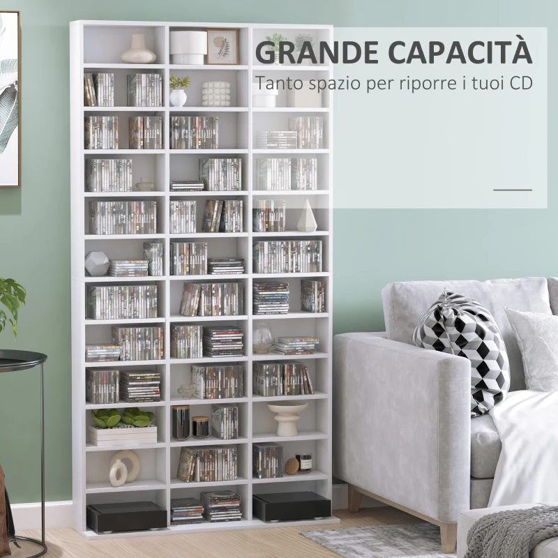 HOMCOM Libreria Porta CD in Legno con 3 Colonne da 12 Ripiani ad Altezza Regolabile, 102x23.5x195 cm, Bianco