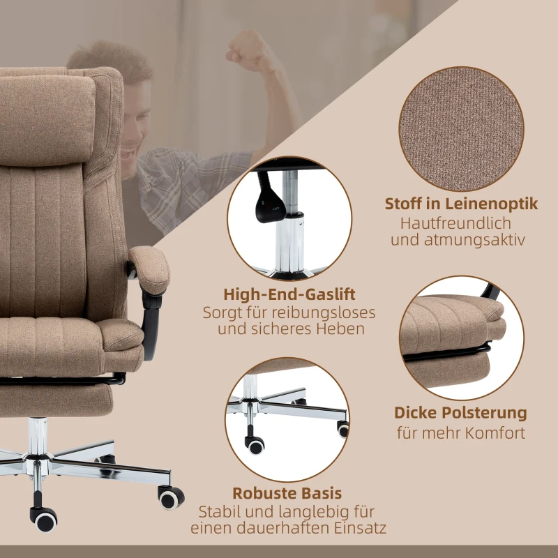 Vinsetto Bureaustoel met Massagefunctie, verstelbare rugleuning, uitschuifbare voetsteun, linnenlook, 65 x 61 x 113 cm, Bruin(m-9)