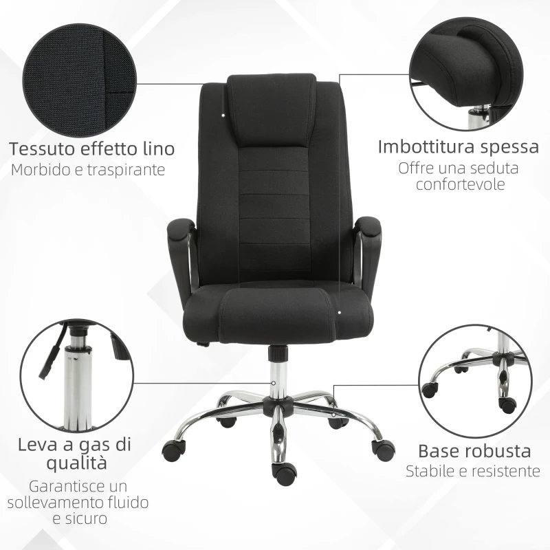 Vinsetto Sedia da Ufficio Ergonomica, Basculante e Imbottita con Altezza Regolabile, 62x76x110-119 cm, Nero