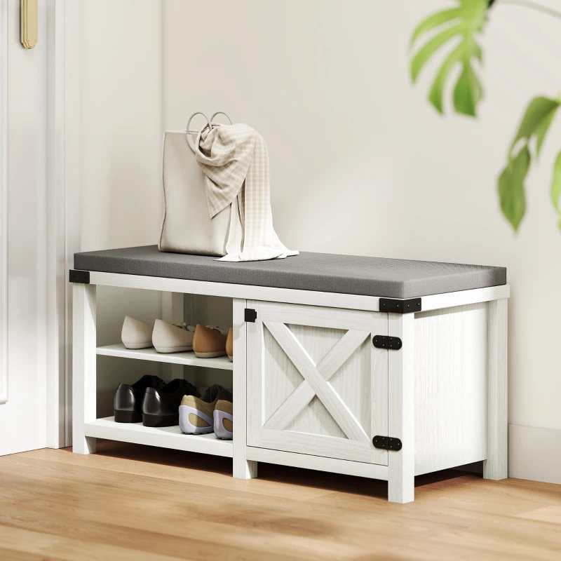 HOMCOM Zapatero con Asiento Compartimentos para 7 Pares de Zapatos para Entrada Salón Dormitorio 100x40x48 cm Blanco y Gris