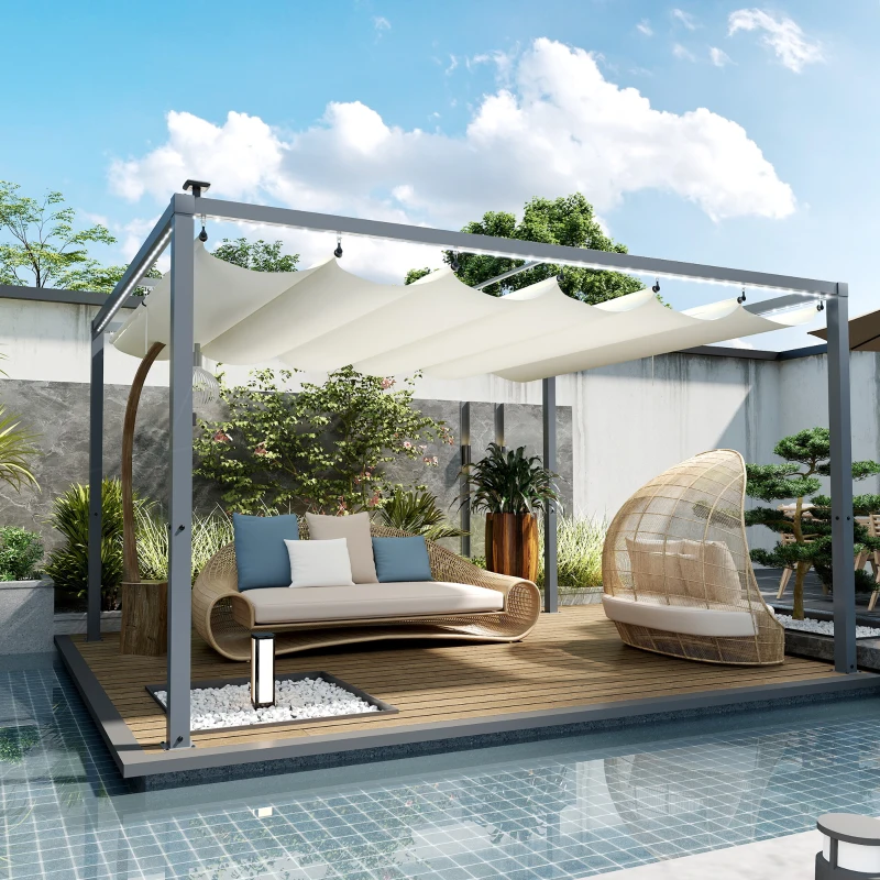 Outsunny Pergolă cu Lumini LED și 12 Orificii de Drenaj, 400x300x230 cm, Alb Crem(m-9)