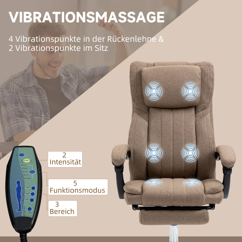 Vinsetto Bureaustoel met Massagefunctie, verstelbare rugleuning, uitschuifbare voetsteun, linnenlook, 65 x 61 x 113 cm, Bruin(m-4)
