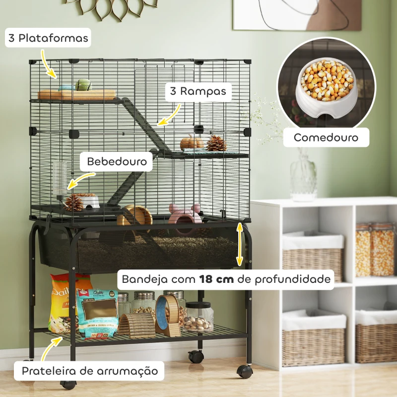 PawHut Gaiola para Pequenos Animais de 4 Níveis com Bandeja Inferior Rodas Rampas Comedouro e Bebedouro 73x47x123 cm Preto