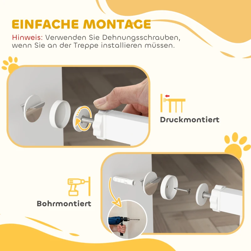 PawHut Hunde-Türabsperrung, längenverstellbar 75-145cm, Montage ohne Bohren, Stahlrahmen, Weiß(m-6)