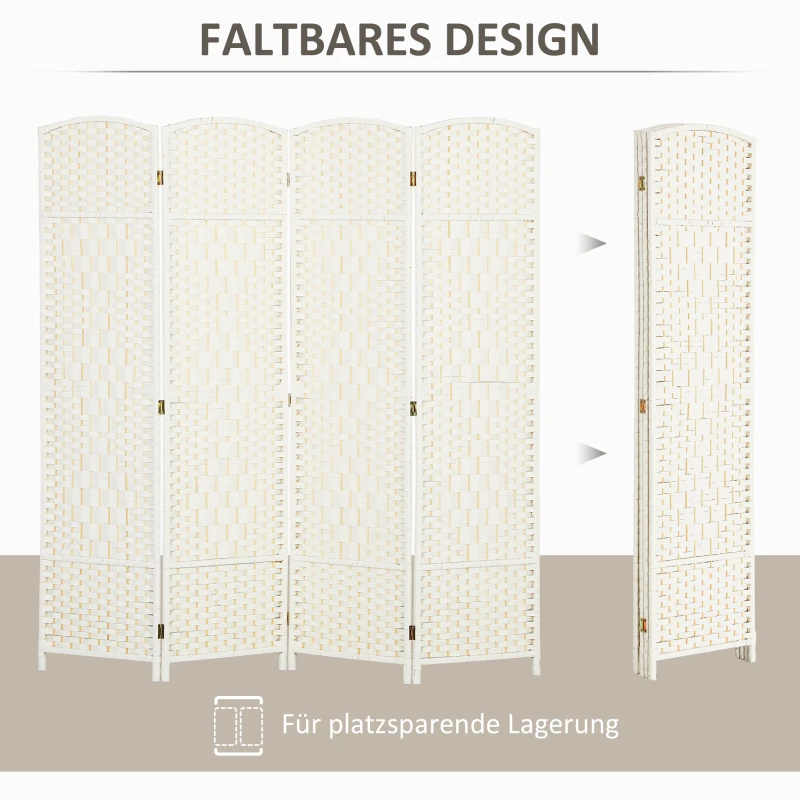 HOMCOM Kamerscherm, 4-delig vouwbaar scherm, Vlechtpatroon, Dennenhout, Wit