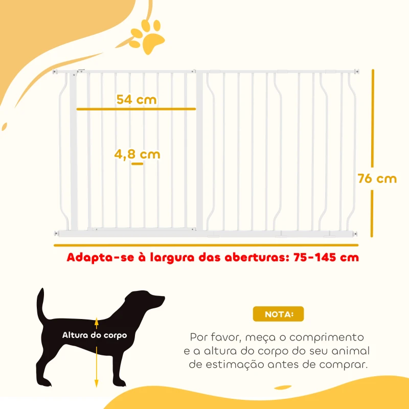 PawHut Barreira de Segurança para Cães Extensível para Escadas e Portas 75-145cm com 3 Extensões Altura 76cm Branco