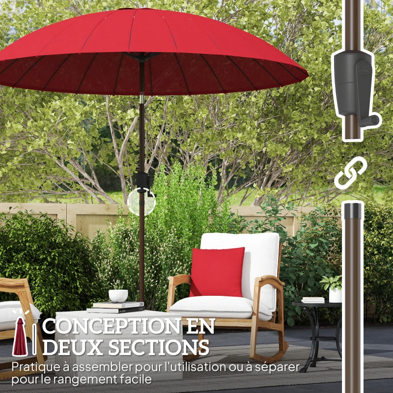 Outsunny Parasol de jardin Parasol droit Parasol inclinable rond avec 24 baleines manivelle aluminium fibre de verre polyester diamètre 2,60 m coloris rouge