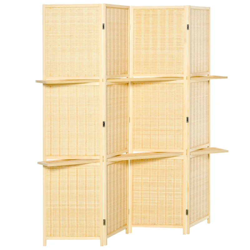 HOMCOM Biombo Separador de Ambientes Plegable de 4 Paneles con 2 Estantes Extraíbles para Dormitorio 180x180 cm Natural