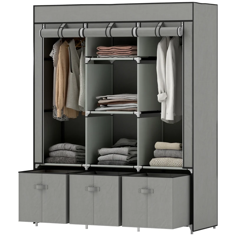 HOMCOM Fabric Wardrobe for Bedroom, Portable Wardrobe with 5 Shelves, 2 Hanging Rails and 3 Fabric Drawers, Foldable Closet, 125 x 43 x 162.5cm, Light Grey