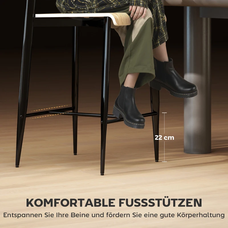 HOMCOM Set van 2 Barkrukken, Barstoelen met Rugleuning en Metalen Frame, Hout, Lichtbruin