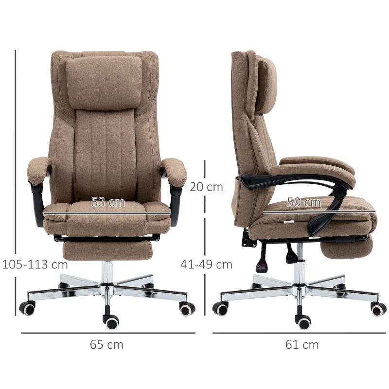 Vinsetto Bureaustoel met Massagefunctie, verstelbare rugleuning, uitschuifbare voetsteun, linnenlook, 65 x 61 x 113 cm, Bruin(m-3)