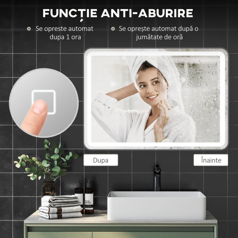 HOMCOM Oglindă de Baie Touch 70x100 cm cu LED 3 Tonuri de Lumină și Antiaburire