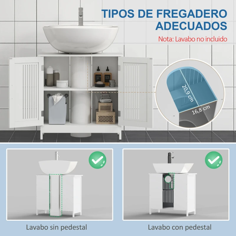 kleankin Mueble para Debajo del Lavabo Armario Baño de Suelo de Madera con 2 Puertas Ventiladas y Estante Ajustable Interior Moderno 60x30x60 cm Blanco