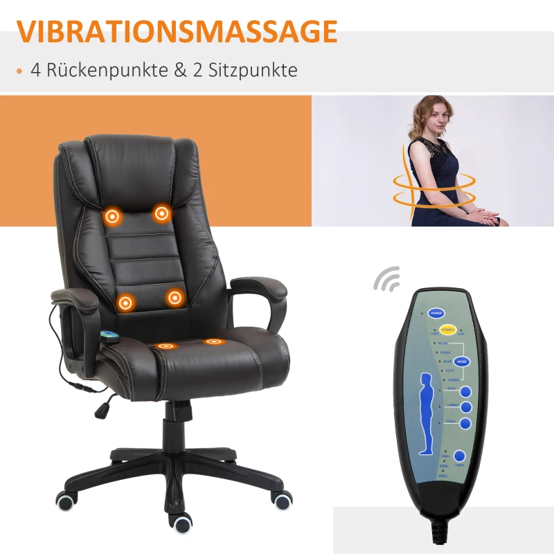 Vinsetto Massage Bureaustoel, verstelbare Directiestoel, ergonomische Draaistoel, 6 Vibratiepunten, Bruin(m-6)