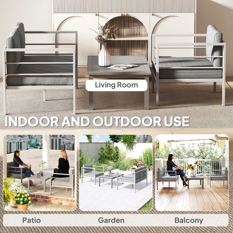 Outsunny 4 Piece Garden Furniture Set, 4 Seater Aluminium Garden Sofa Set with 2 Armchairs, Loveseat, Coffee Table and Cushions, Outdoor Conversation Conservatory Furniture for Patio, Charcoal Grey