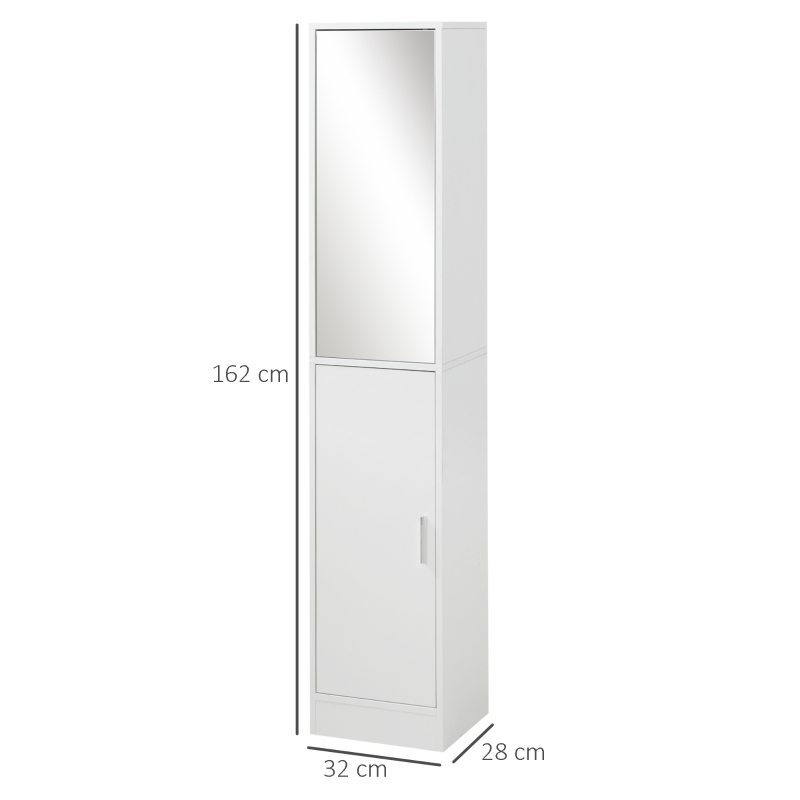 kleankin Mobile Colonna Bagno in Legno a 5 Ripiani con Anta a Specchio Apribile, 32x28x162 cm, Bianco