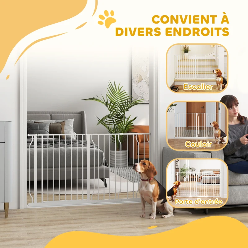 PawHut Barrière de sécurité chien barrière extensible 75-145 x 76 cm barrière escaliers couloirs portes sans perçage en acier et ABS blanc
