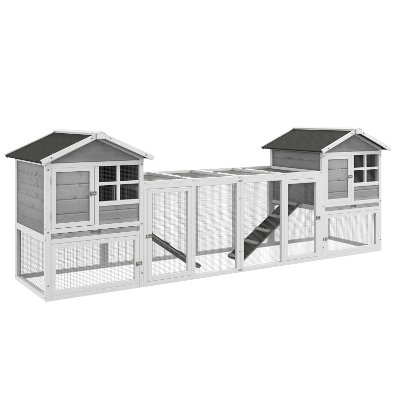 PawHut Adapost din Lemn pentru Iepuri  pentru Exterior cu 2 Custi si Zona Deschisa Imprejmuita cu Usi si Rampe, 259x64x92 cm, Gri