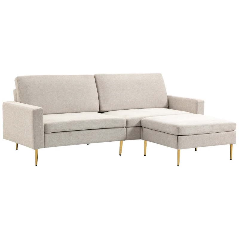 HOMCOM Canapea cu Taburet pentru Picioare, Canapea Extensibila cu 3 Locuri în Formă de L cu Spătar Reglabil, 213x91x83 cm, Crem(m-11)