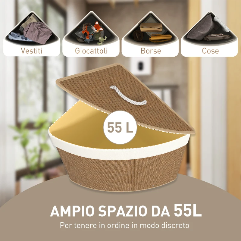 HOMCOM Cesto Portabiancheria Angolare in Bambù da 55L con Sacco Estraibile e Coperchio Removibile, 35x35x60 cm, Marrone
