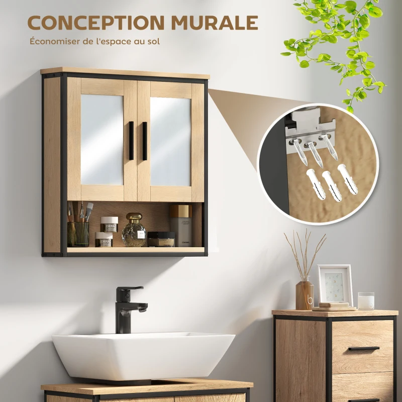 HOMCOM Armoire murale salle de bain avec miroir, meuble salle de bain avec compartiment ouvert et étagère réglable, chêne