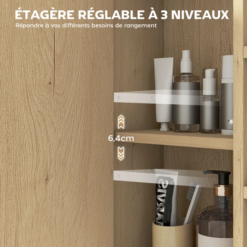 HOMCOM Armoire murale salle de bain avec miroir, 52 x 24,5 cm avec 6 compartiments ouverts et étagère réglable, chêne