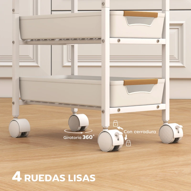 HOMCOM Carro de Cocina de 5 Niveles Carrito Auxiliar con Ruedas Tablero Efecto Madera Cajones Extraíbles 39,5x24x82 cm Blanco