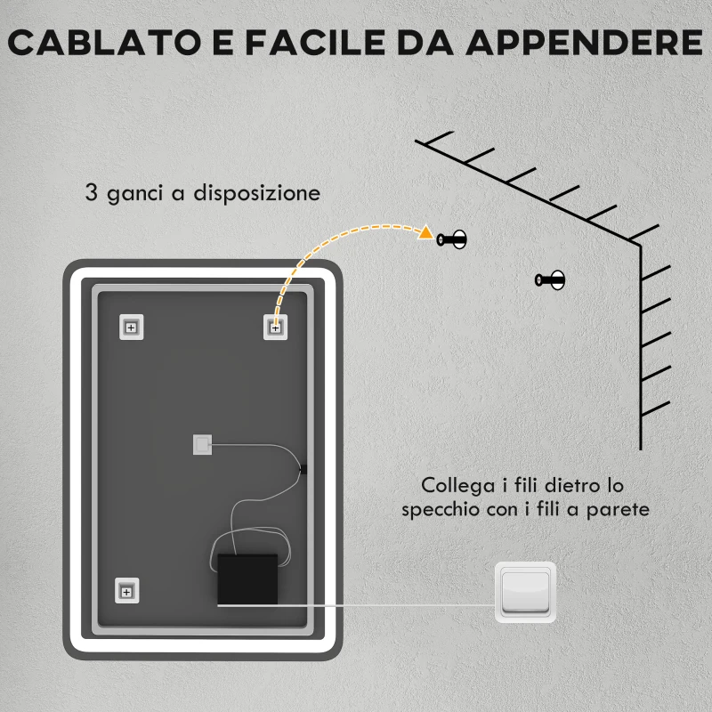 HOMCOM Specchio Bagno con Interruttore Touch, Luce LED a 3 Temperature e Antiappannamento, 70x100cm