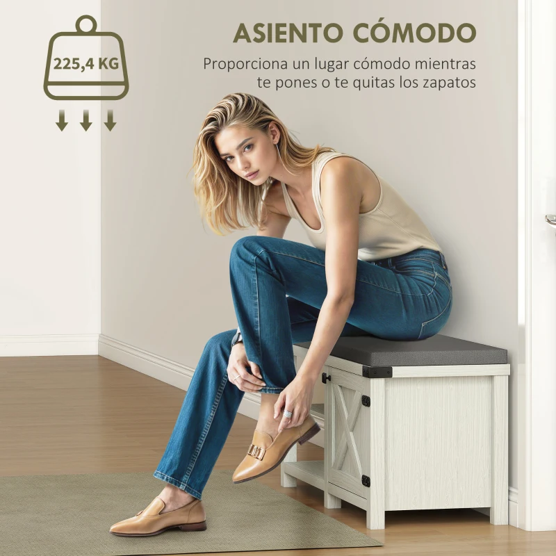 HOMCOM Zapatero con Asiento Compartimentos para 7 Pares de Zapatos para Entrada Salón Dormitorio 100x40x48 cm Blanco y Gris
