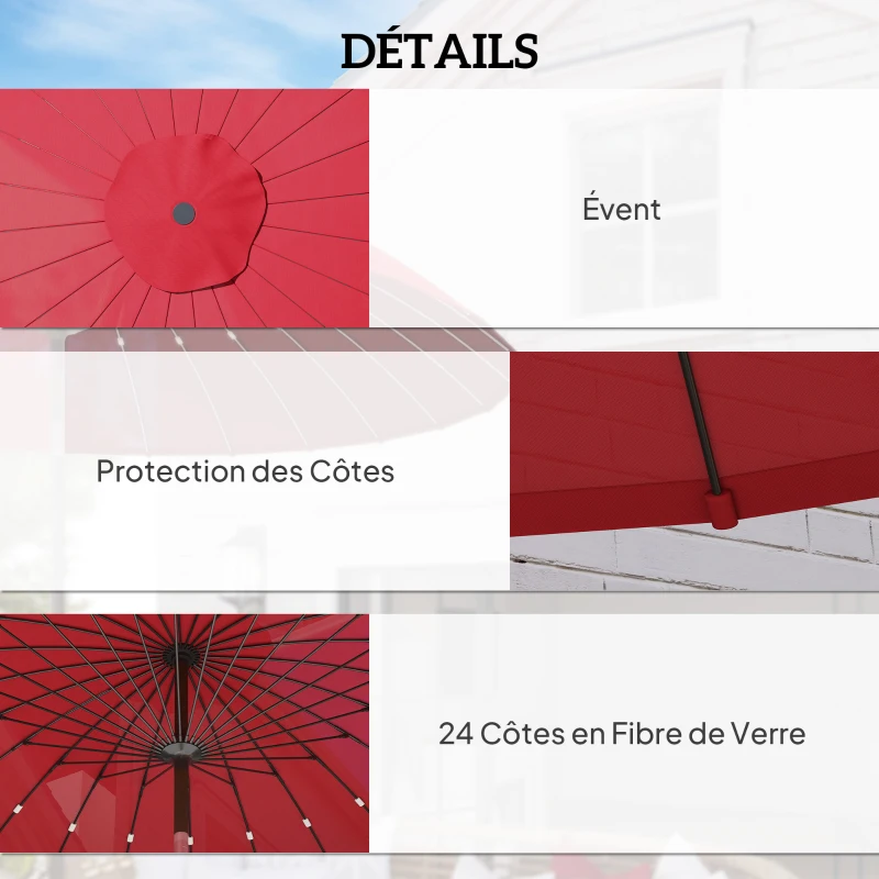 Outsunny Parasol de jardin Parasol droit Parasol inclinable rond avec 24 baleines manivelle aluminium fibre de verre polyester diamètre 2,60 m coloris rouge