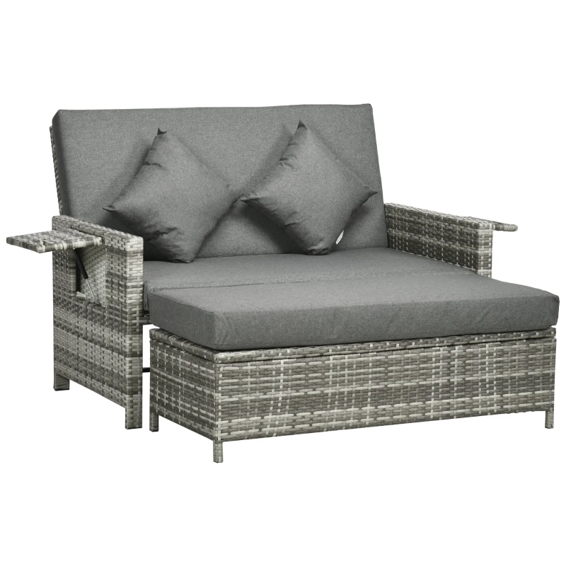 Outsunny Rattan Garden Daybed, Assembled Double Sun Lounger with 5-Level Adjustable Back, Storage Ottoman, Cushions, Pillows and Retractable Trays, Outdoor Loveseat Sofa Bed for Patio, Mixed Grey