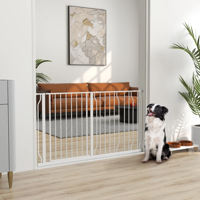 PawHut Barrière de sécurité chien barrière extensible 75-145 x 76 cm barrière escaliers couloirs portes sans perçage en acier et ABS blanc
